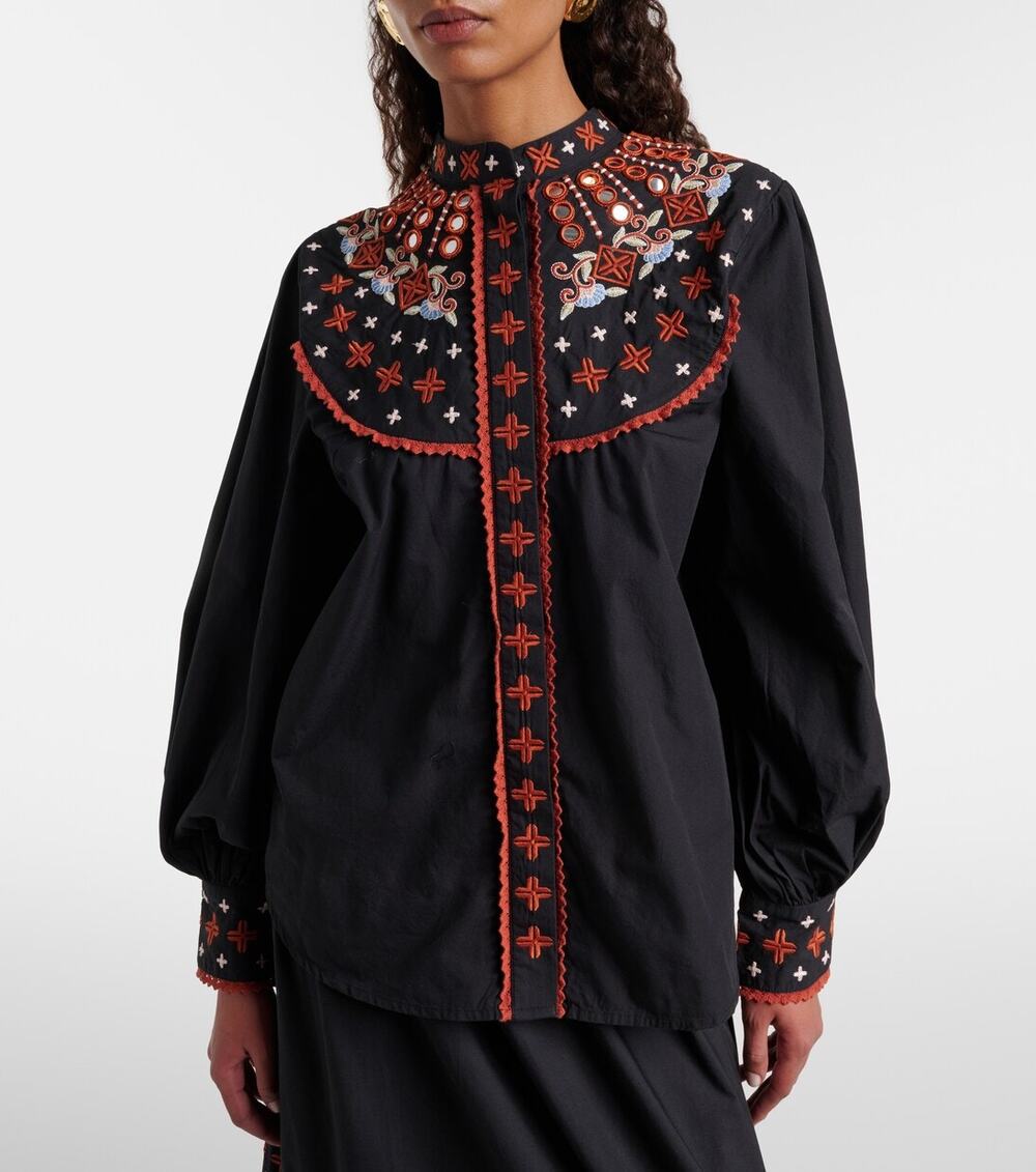 Farm Rio Embroidered cotton button front black blouse size XL